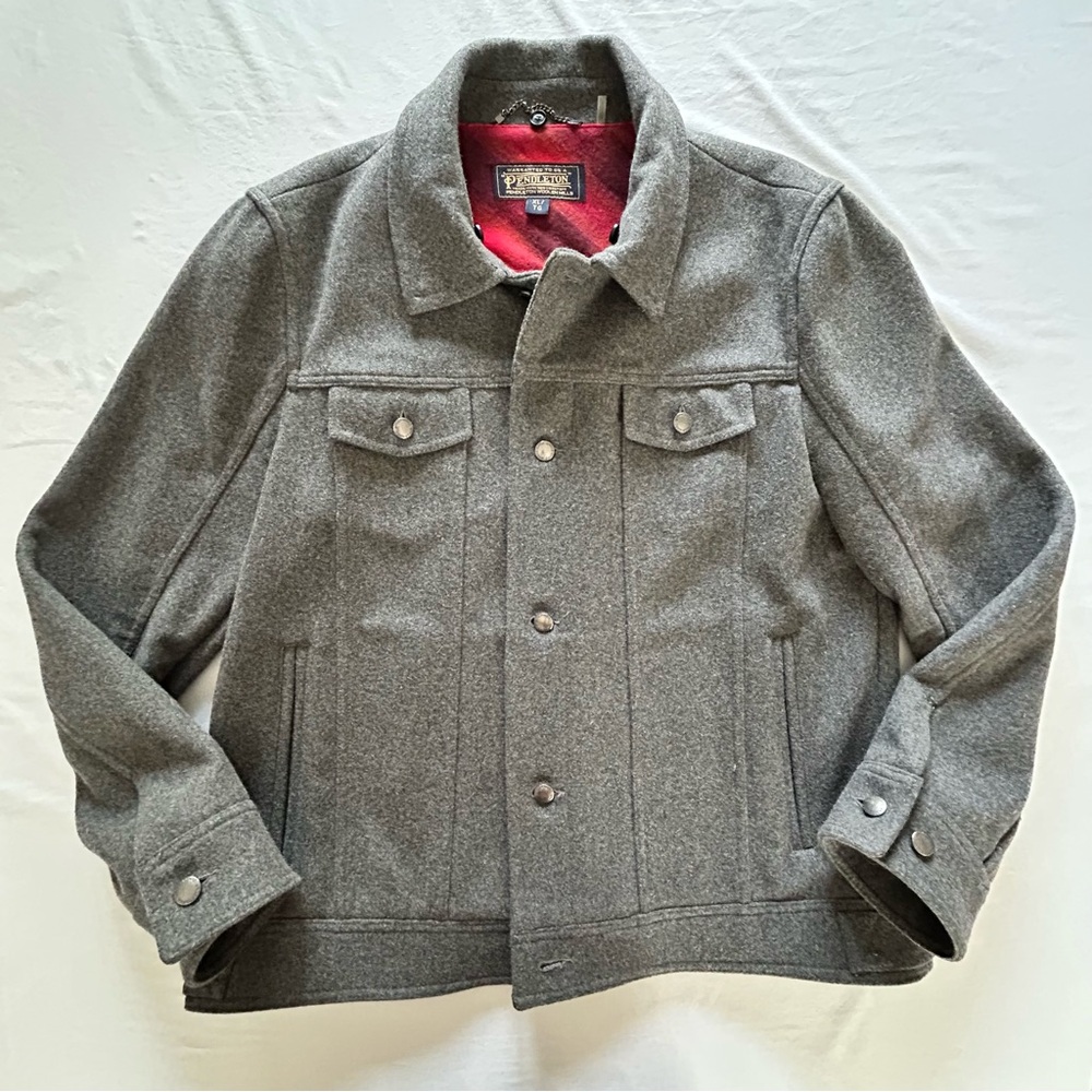 Pendleton Wool Trucker Jacket Mens XL Gray Wool Coat Plaid Lined Western Style